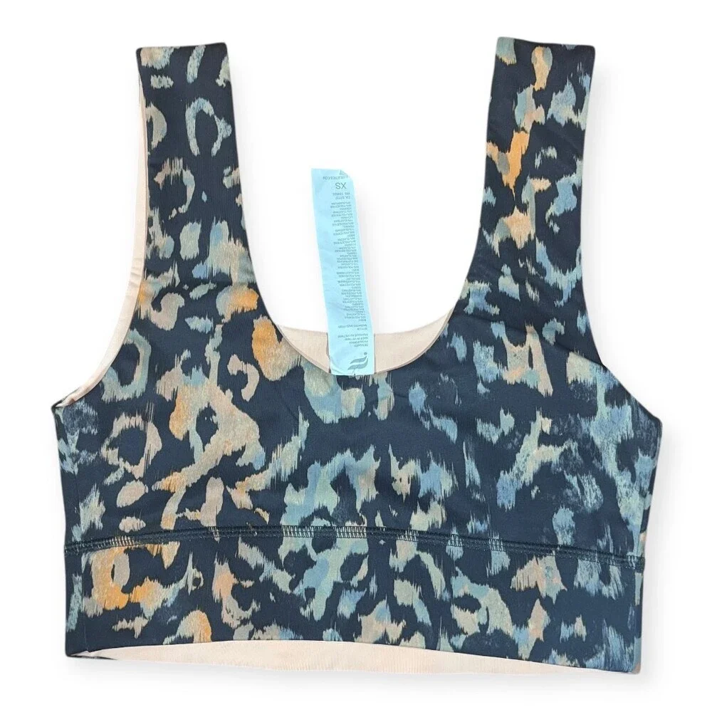Fabletics Sports Bra Women XS Blue Leopard Reversible Excellent Scoop Neck